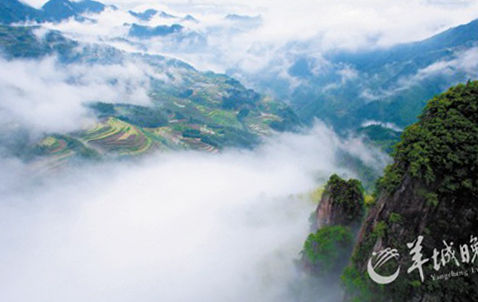 顷刻间雾破云开，但见山岩耸峙，绿意葱茏间，有雾霭似霓裳般若隐若现，谷中梯田累累，宛若桃花源。