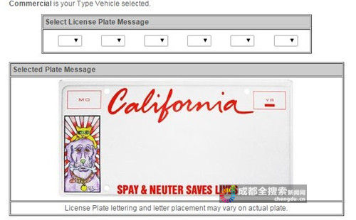 加州车管局提供的10种特殊号牌样式都必须带有“california”字样。(图片由网友提供）