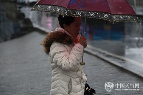 10日，大雨中的北京气温低迷，行人身穿羽绒服。（关禺 摄）