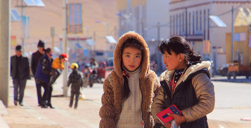 如今，双湖县人丁兴旺，街边两个小姑娘买完菜后准备回家。