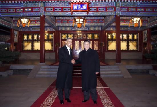 Chinese President Xi Jinping and U.S. President Barack Obama meet in the evening at Yingtai, Zhongnanhai, the central government compound of China in Beijing, on Nov. 11, 2014. [Photo/ Xinhua]